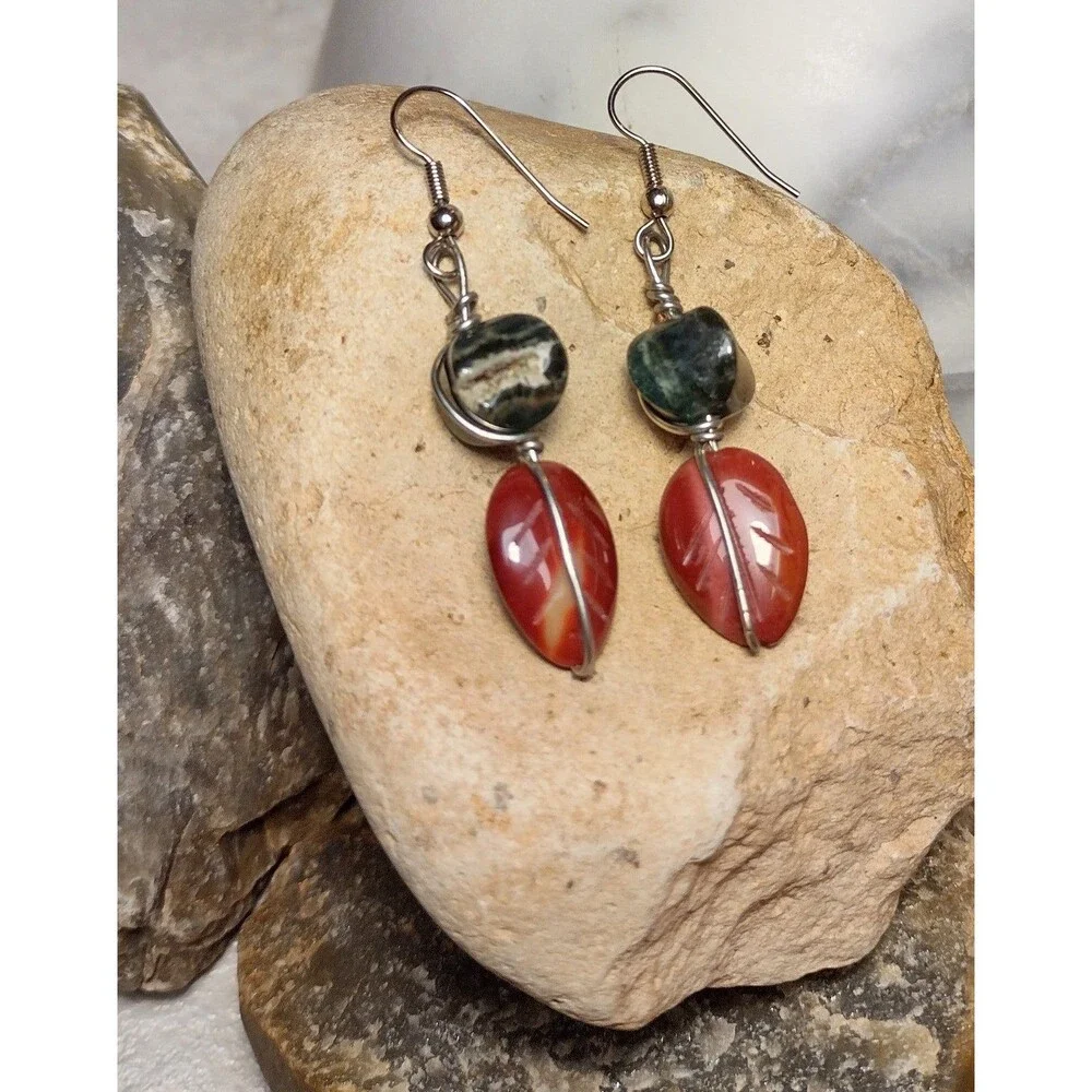 Carved Jasper Leaf Stone Geode Dangle Earrings